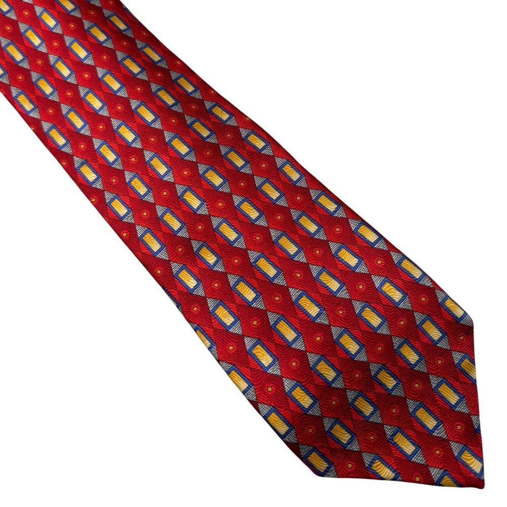 Robert Talbott Studio Mens Red Blue Gold Geometric Diamond Silk Necktie USA Made